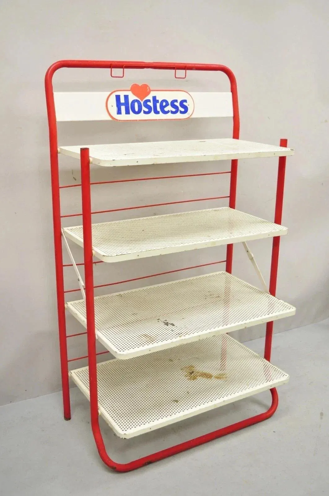 Vintage Hostess Red Metal Perforated 4 Shelf Folding Display Shelf