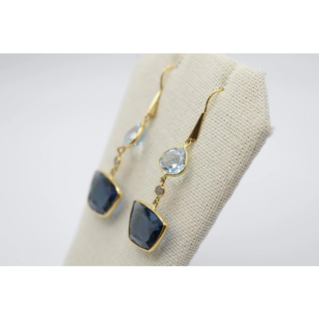 Modern Mid 20th Century Blue Topaz and Diamond Drop Earring With 18k Yellow Gold, A Pair For Sale - Image 3 of 8