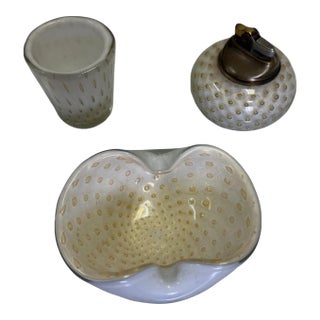 Mid 20th Century Murano Bullicante White & Gold Fleck Glass Smoking Set - 3 Pieces For Sale