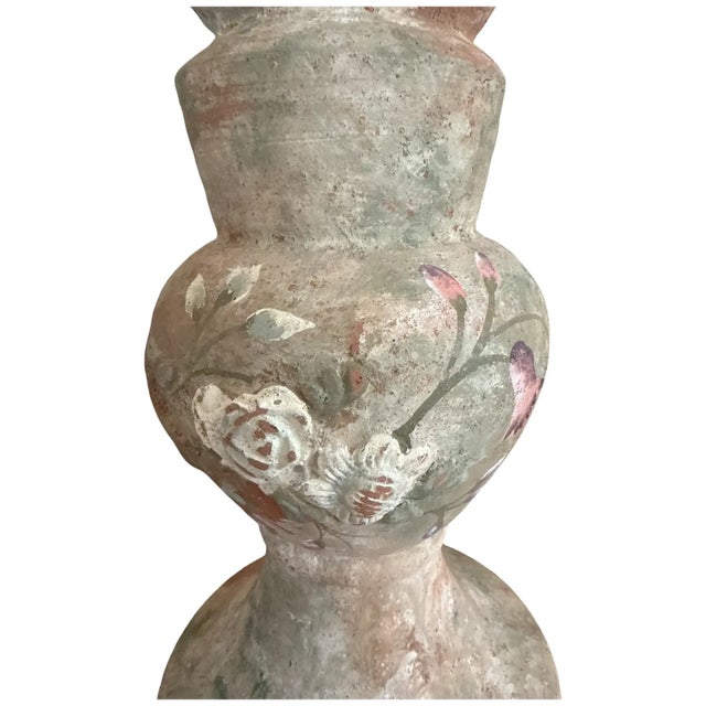 Monumental Vintage Terracotta Candlesticks Raised Rose Relief 15 Inch Pair For Sale - Image 10 of 15