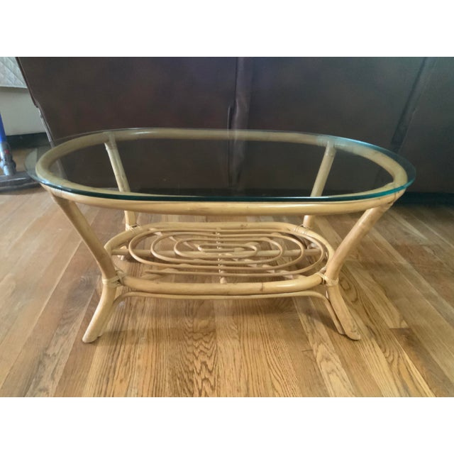 Mid-Century Modern Vintage Mid Century Bamboo Rattan Oval Coffee Table For Sale - Image 3 of 7