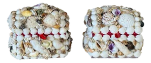 Pair of Vintage Shell Encrusted Velvet Lined Trinket or Ring Boxes