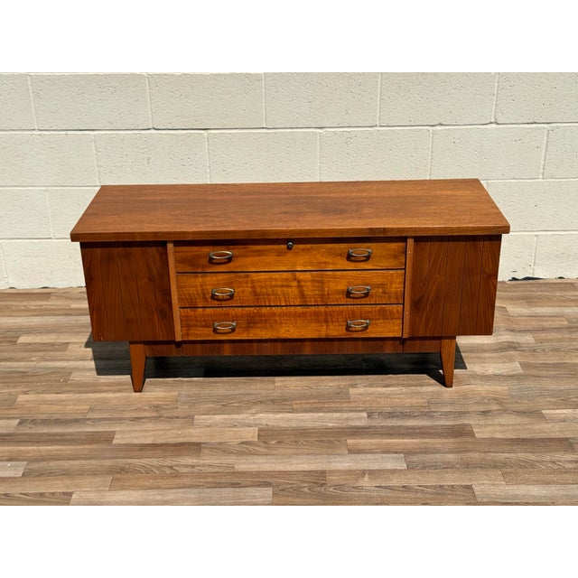 Beautiful Vintage Mid-Century Modern Cedar Chest by Lane Furniture, featuring a warm walnut exterior, clean architectural...
