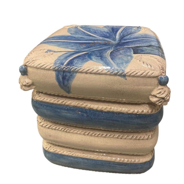 A stunning contemporary Italian ceramic garden stool. Masterfully crafted to resemble a stack of four plush, tasseled...