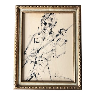 Original Vintage Abstract Ink Drawing Man With Pole Vintage Frame For Sale