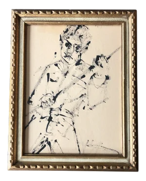 Original Vintage Abstract Ink Drawing Man With Pole Vintage Frame