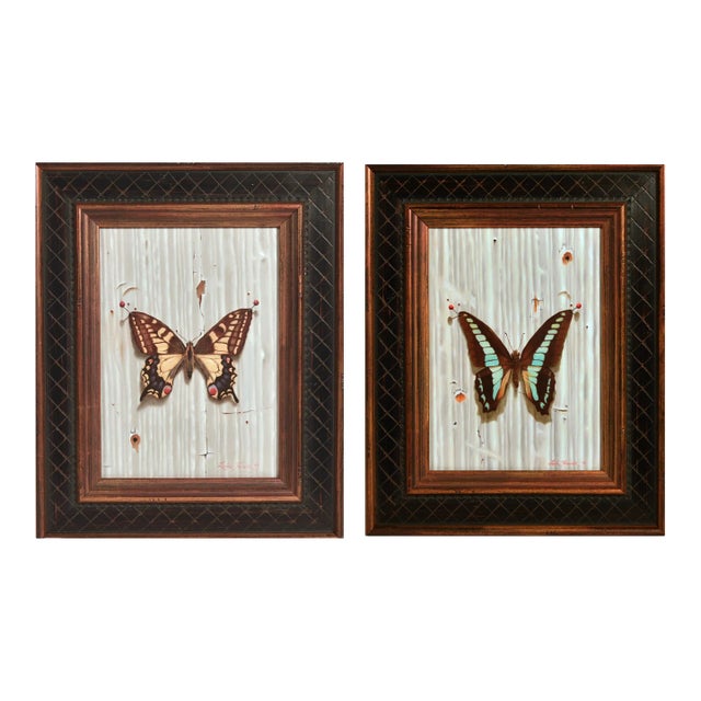Leslie Formalik Trompe l'Oeil Paintings of Butterflies- Pair For Sale