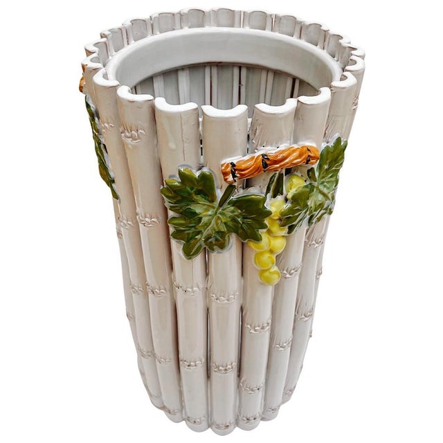 Tuscan 1960s Italian Glazed Terracotta Faux Bamboo Umbrella Stand For Sale - Image 3 of 7