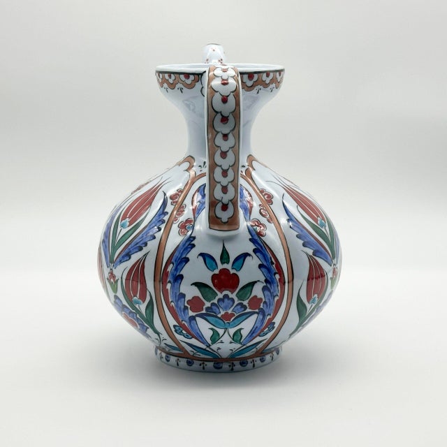 Ceramic Handmade Ceramic Ewer Vase (20cm) Traditional Segmented Body Design with Spout & Handle – Turkish Pitcher Art Decor For Sale - Image 7 of 8