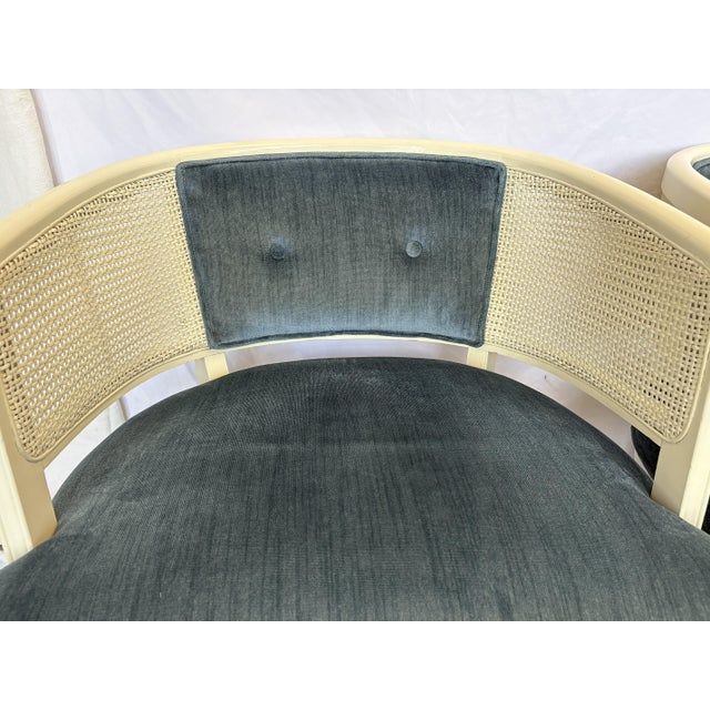 1960's Faux Bamboo and Cane Barrel Lounge Chairs With Blue Velvet Upholstery- A Pair For Sale In West Palm - Image 6 of 18