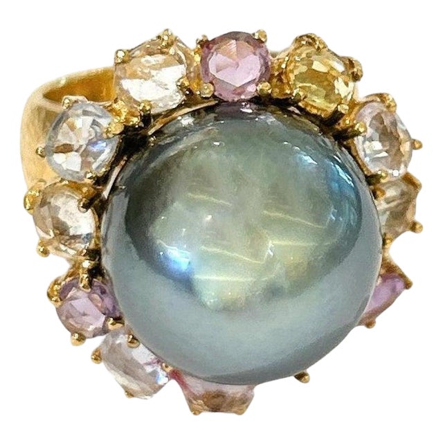 Bochic "Orient" Tahiti Pearl & Multi Color Sapphire Ring Set 18K Gold & Silver For Sale