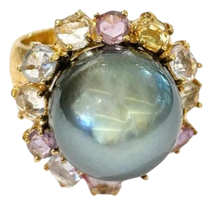 Bochic "Orient" Tahiti Pearl & Multi Color Sapphire Ring Set 18K Gold & Silver