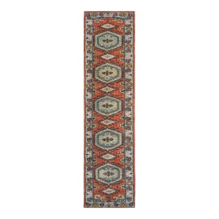 2.6x30Ft. Brunt Orange Light Blue Persian Design Inspired Hand Knotted Wool Runner Rug For Sale