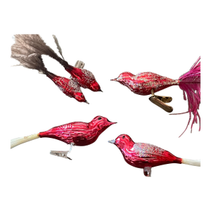 Vintage Red Glass Feathered Birds Clip on Christmas Ornaments