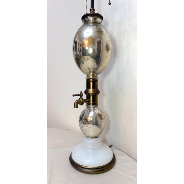 19th Century Large Antique Mercury Glass Brass Seltzer Siphon Bulbous Round Bottle Table Lamp For Sale - Image 5 of 11