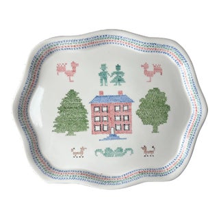 Rectangular Ceramic Platter With Handpainted Home by Louise Mathis 1983 For Sale