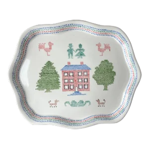 Rectangular Ceramic Platter With Handpainted Home by Louise Mathis 1983