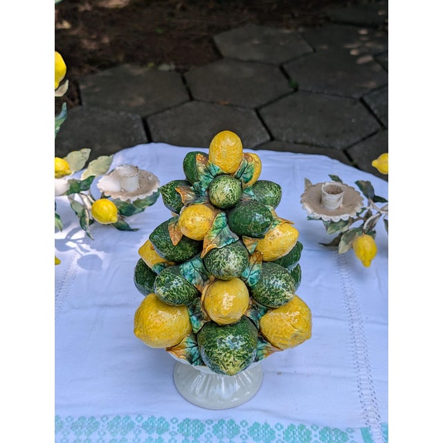 Italian Majolica Ceramic Lemon and lime topiary centerpiece - made in Italy. And 2 wall sconces