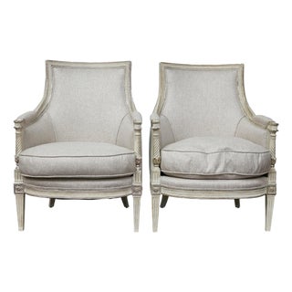 Pair of 19th Century French Directoire Upholstered Bergères with Twisted Columns For Sale