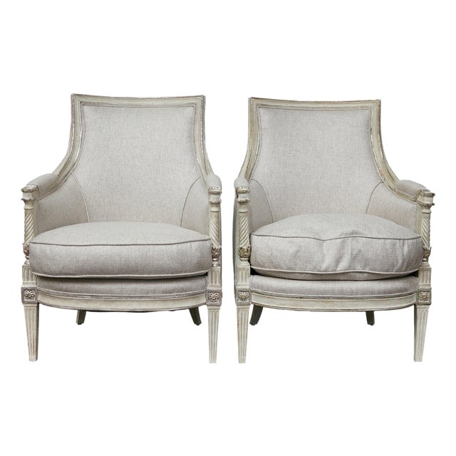 Pair of 19th Century French Directoire Upholstered Bergères with Twisted Columns For Sale