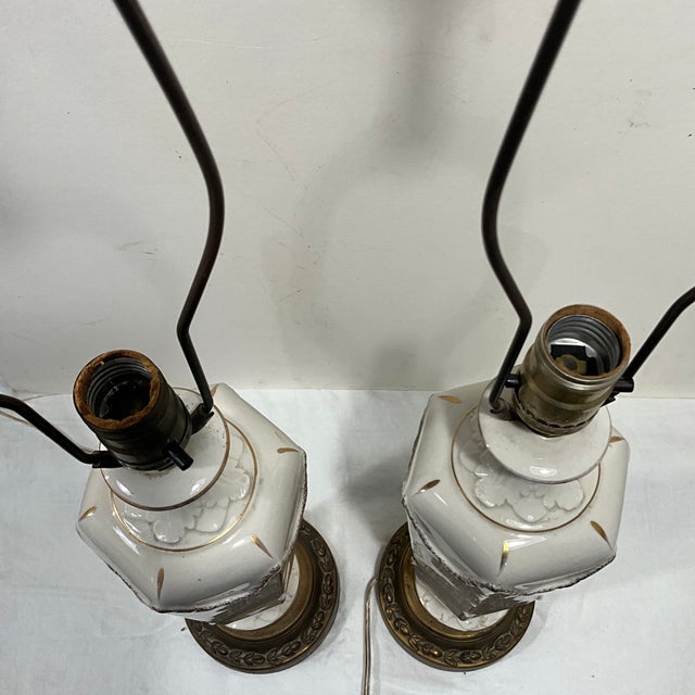 Pair French Empire Neoclassical Mid Century Porcelain Table Lamps Butterfly Finial For Sale - Image 10 of 11