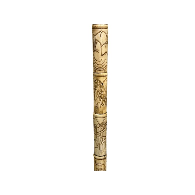 Vintage Chinese Old Men Engraved Motif Bone Color Resin Inset Walking Stick For Sale - Image 11 of 12