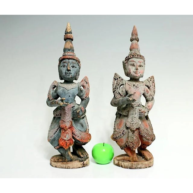 Super decorative pieces and sizeable early Antique Thai Teppanom Carved Wood Polychromed Guardian Statues or Figures....