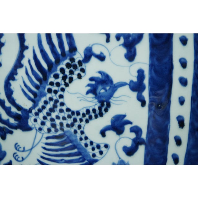 Antique Chinese Qing Dynasty Blue & White Ceramic Phoenix Dragon Mantel Urn For Sale - Image 9 of 12