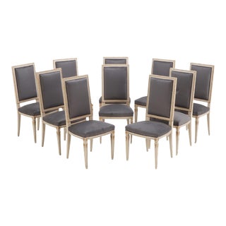 Ten Painted and Giltwood Louis XVI Style Dining Chairs Circa 1950 With New Fabric and Refreshed Paint. For Sale