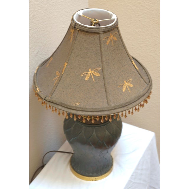 French Provincial 1950s Green Enamel Leaf Vintage Lamp From France With Shade For Sale - Image 3 of 10