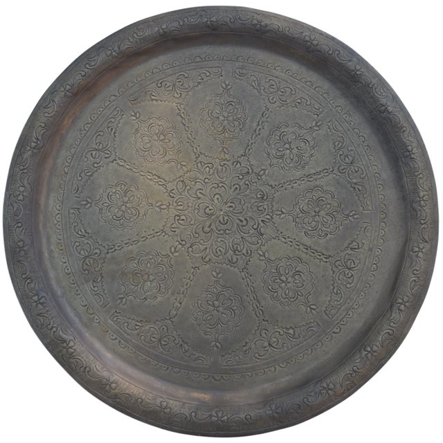 Mid-Century Modern Mid 20th Century Hand-Engraved Brass Tray with Moorish Arabesque Motif For Sale - Image 3 of 10