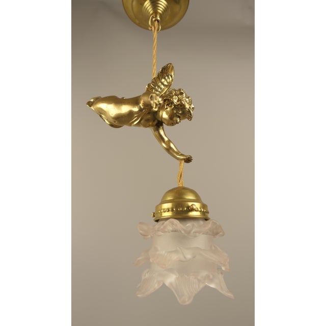 Metal Brass Ceiling Lamp with Putto, France, 1910s For Sale - Image 7 of 10