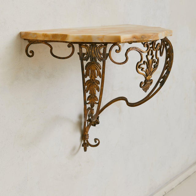 Petite French Brass + Marble Wall-Mounted Console, 1940s - 2 Available For Sale In Chicago - Image 6 of 10
