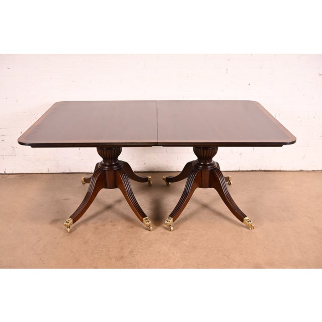 Brown Baker Furniture Style Georgian Banded Mahogany Double Pedestal Extension Dining Table, Newly Refinished For Sale - Image 8 of 15