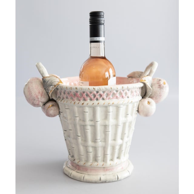 1960s Mid 20th Century Italian Blush Pink Majolica Faux Bamboo & Fruit Wine Cooler Champagne Ice Bucket For Sale - Image 5 of 13