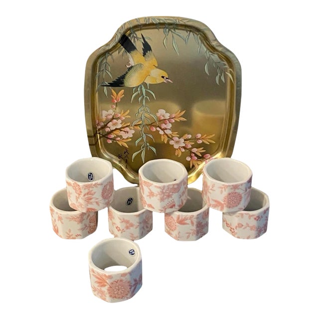 Vintage Japanese Pink and White Ceramic Napkin Rings With English Tin Tray - Set of 9 For Sale