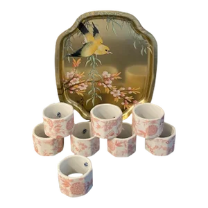 Vintage Japanese Pink and White Ceramic Napkin Rings With English Tin Tray - Set of 9