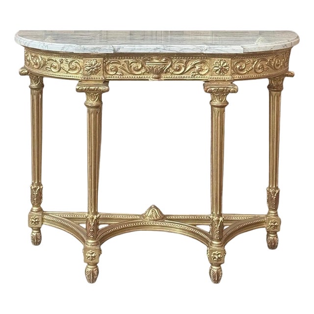 19th Century French Louis XVI Giltwood Carrara Marble Top Demilune Console For Sale