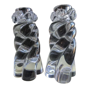 1970s Vintage Set of Two Original France Baccarat Crystal Waterfall Candleholders "Aladin" Marked