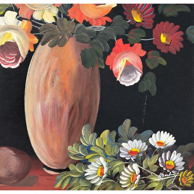 Portuguese School Artist, Still Life with Flowers, Fruits and Utensils, Oil on Latex For Sale - Image 4 of 7
