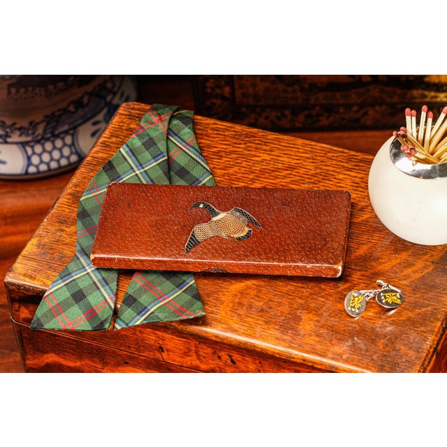 Mid-Century Modern Neat Antique Pigskin Leather Reptile Skin Inset Duck Hunting Theme Cigarette Case Trinket Box For Sale - Image 3 of 13