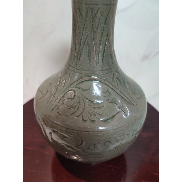 Chinese Ceramic Vase Yaozhou Ware Celadon Vase Hand Carved Flowers Pattern For Sale In Seattle - Image 6 of 12
