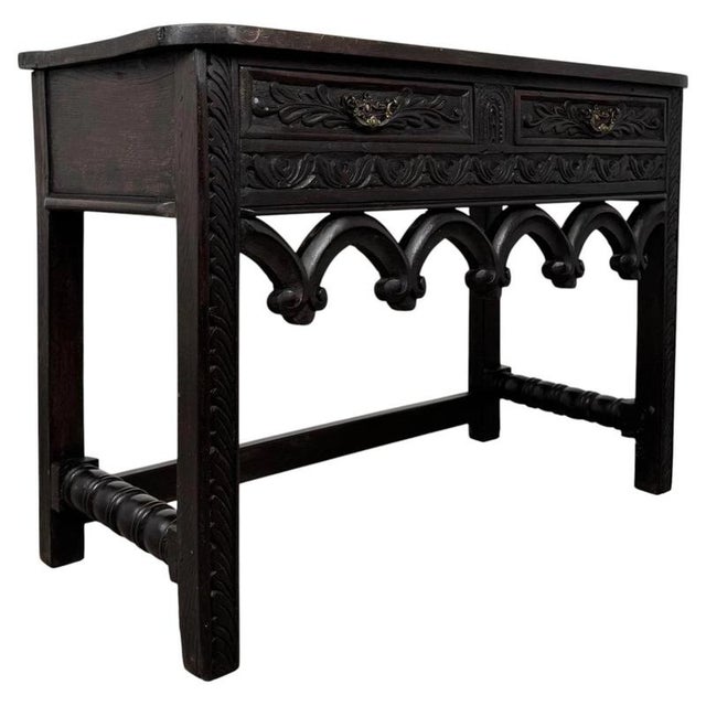 19th Century Antique Gothic Style Side Table in Carved Oak, 1800s For Sale - Image 5 of 12