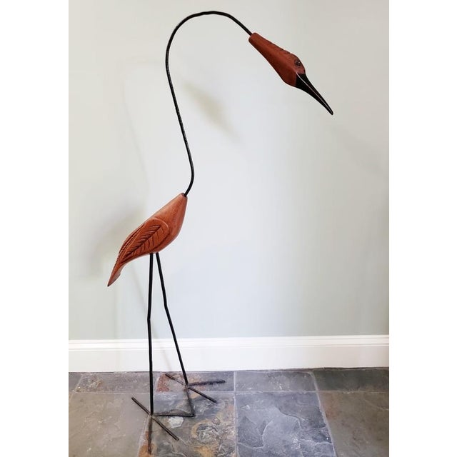 Tall Hand-Carved Wood & Iron Crane Sculpture, Modern Folk Art For Sale - Image 4 of 7