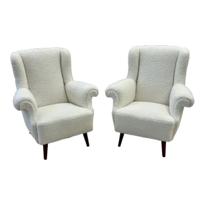 Pair American Mid-Century Scroll Lounge / Wingback Chairs, Boucle, Draper Style