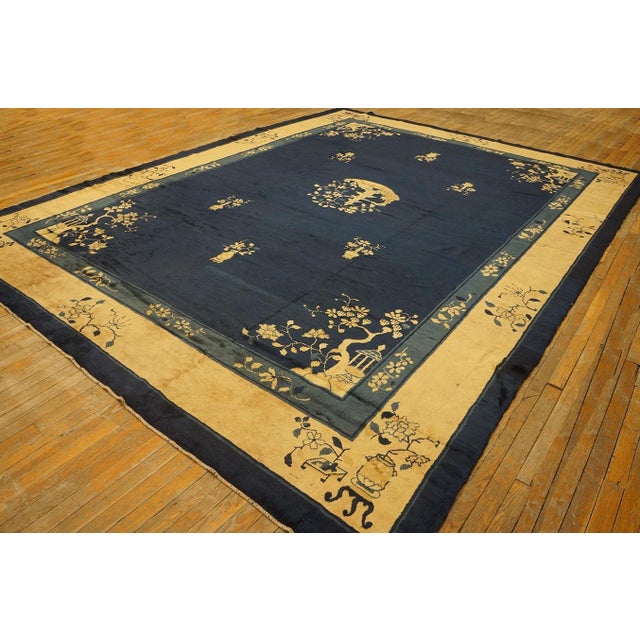 Late 19th Century 1900s Deep Navy Blue Open Field Chinoiserie Antique Chinese Peking Rug For Sale - Image 5 of 14