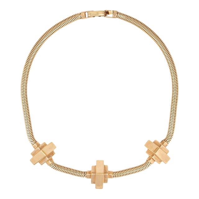 Retro 40s Necklace 14k Gold Snake Chain Geometric Stations For Sale
