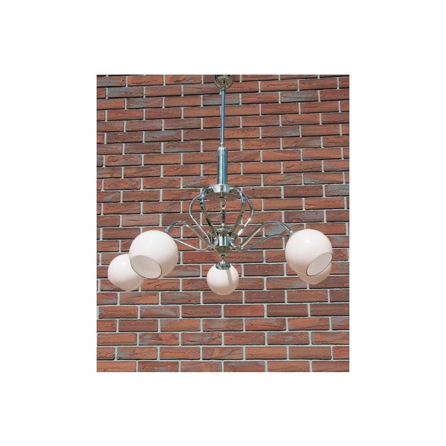 Metal Vintage Glass and Metal Chandelier, Poland, 1950s For Sale - Image 7 of 7