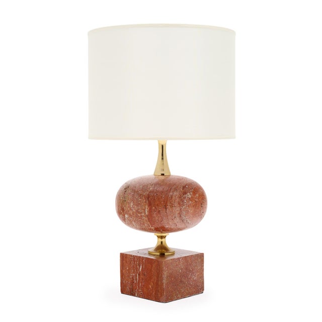 Table lamp from France made of brass and pink Travertine marble by French designer Philippe Barbier. This piece has been...