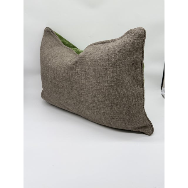 Traditional Green Velvet and Taupe Tweed Lumbar Decorative Throw Pillow Cover For Sale - Image 3 of 7
